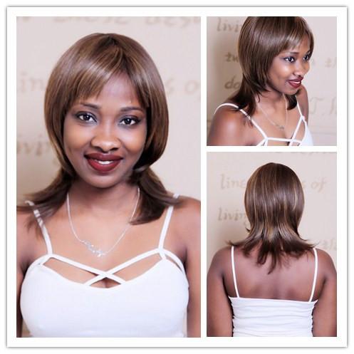 35cm Shoulder Length Hair Straight Mix Dark Brown Wig For Women Synthetic African American Bob Wigs With Bangs