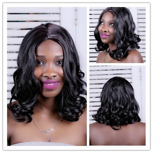 Xiu Zhi Mei 35cm 1B/33# Middle Part Natural Curly Hair Wigs For African American Women Synthetic Wine Red Highlights On Black Wig