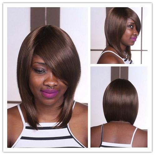 Xiu Zhi Mei 14inch Heat Resistant Synthetic Straight Medium Long Brown Wig For African American Women Natural Bob Wigs With Bangs