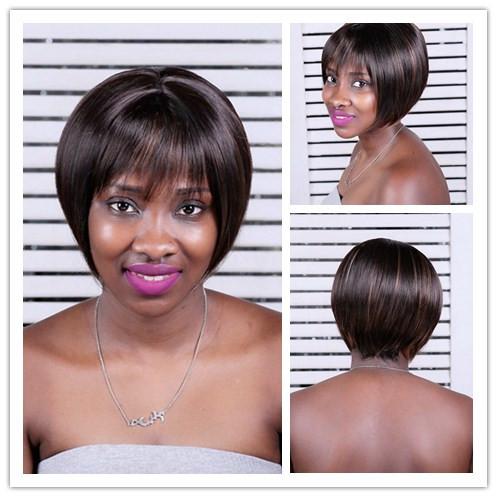 Xiu Zhi Mei 8inch Synthetic Highlights Brown Short Haircuts With Bangs Straight Natural Bob Wigs For Black Women Free Shipping