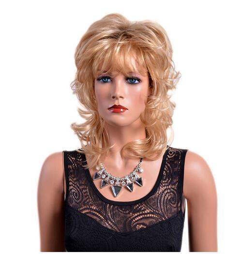 Xiu Zhi Mei Medium Length Blonde Curly Wigs with Bangs American Synthetic Ombre Wigs for White Women Heat Resistant Hair