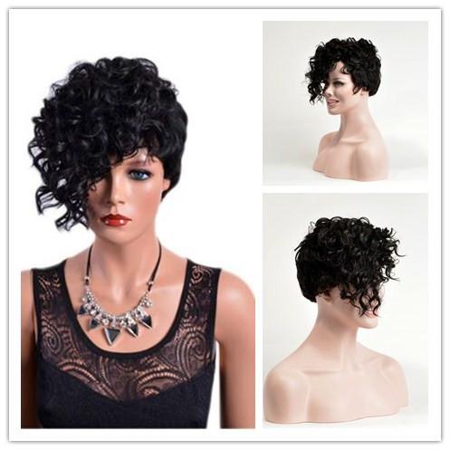 Xiu Zhi Mei Hot Sale Curly Back Straight Short Wigs with Bangs Natural Black Synthetic Hair Afro Wig for Women High Temperature Fiber