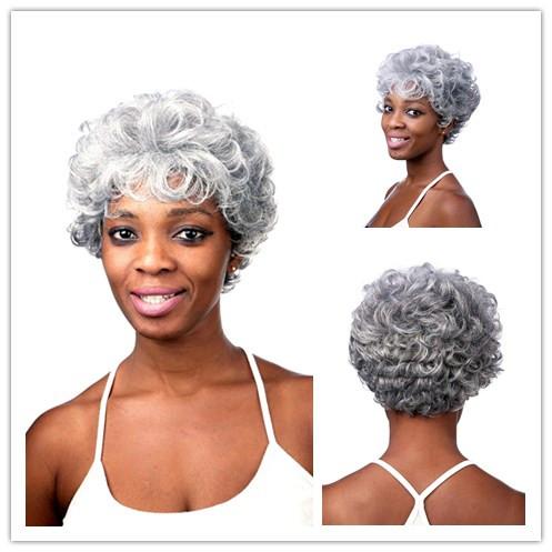 Xiu Zhi Mei 28CM Silver White Synthetic Curly Wigs for Elder Women African American Short Hair Ombre Wig Heat Resistant