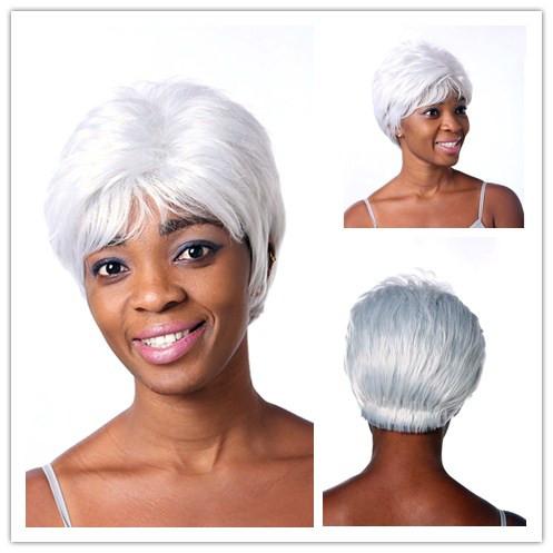 Xiu Zhi Mei 8inch Puffy Straight Short White Wig Heat Resistant Synthetic African American Natural Wigs For Older Women