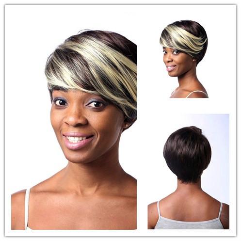 Xiu Zhi Mei 25cm Straight African American Short Wigs For Black Women Heat Resistant Synthetic Blond Highlights On Dark Brown Hair