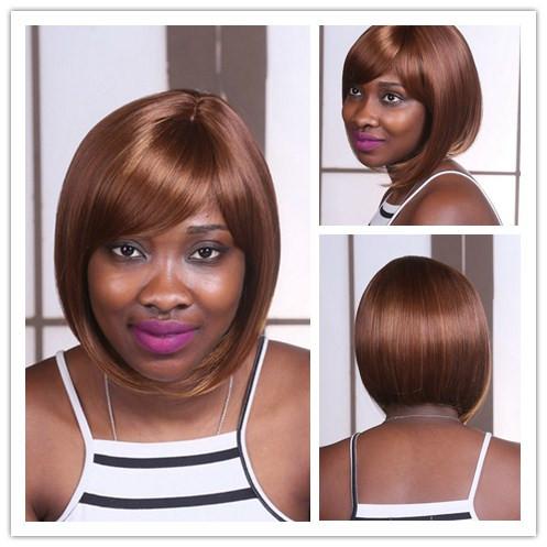 Xiu Zhi Mei 12inch Mix Brown Short Bob Wigs With Bangs For Women Heat Resistant Synthetic Straight Natural African American Hair