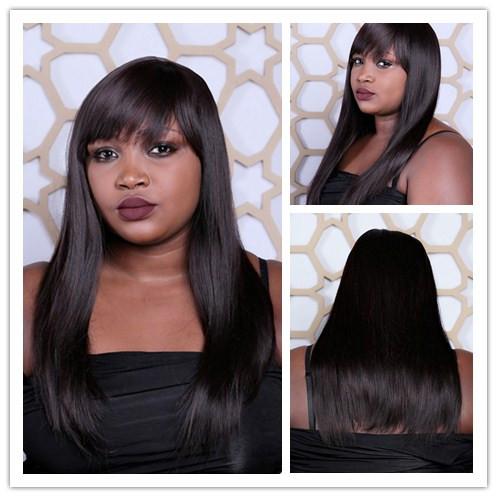 Xiu Zhi Mei 50cm Dark Brown Long Straight Wig With Bangs Heat Resistant Synthetic Natural Hair African American Wigs For Women