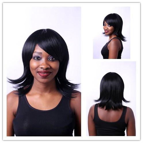 Xiu Zhi Mei 14inch 1B African American Straight Black Wig For White Women Heat Resistant Synthetic Hair Shoulder Length With Bangs