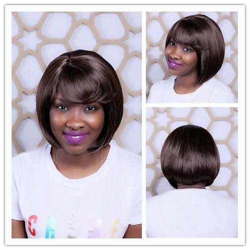 Xiu Zhi Mei 12inch Mix Brown Short Wig For Women Heat Resistant Synthetic African American Bob Wigs With Bangs