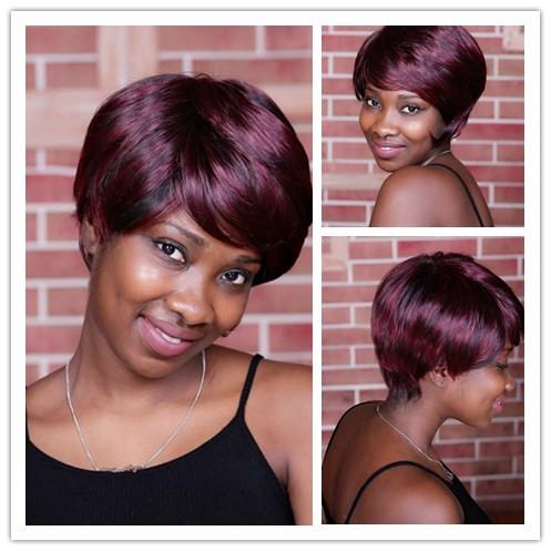 Xiu Zhi Mei 10inch Synthetic Straight Highlights Black Red Short Wigs For African American Women Natural Hair With Inclinded Bangs