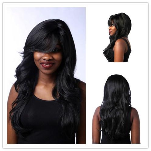 Xiu Zhi Mei 24inch 1B Long Black Wig Wavy Hairstyles For Women Heat Resistant Synthetic African American Wigs With Bangs