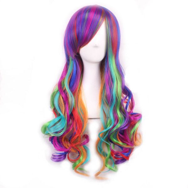 WoodFestival long wavy synthetic hair wigs women japanese harajuku green pink white red purple rainbow color fibre anime cosplay wig ombre