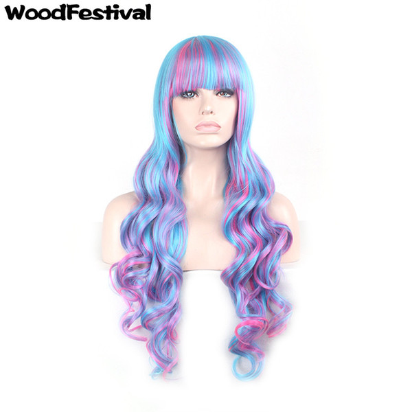 WoodFestival 80cm long curly wig ombre synthetic fiber hair wigs blue pink mix color lolita wig cosplay women wigs bangs hair