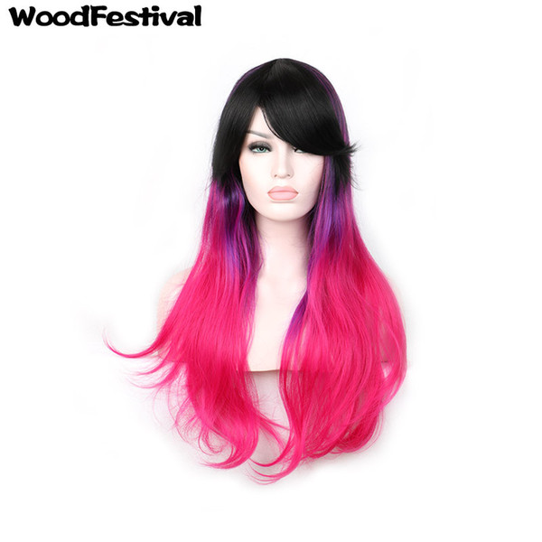 WoodFestival good quality synthetic fiber hair wigs ombre black purple pink mixed color cosplay wig 75cm long wavy wig with bangs women