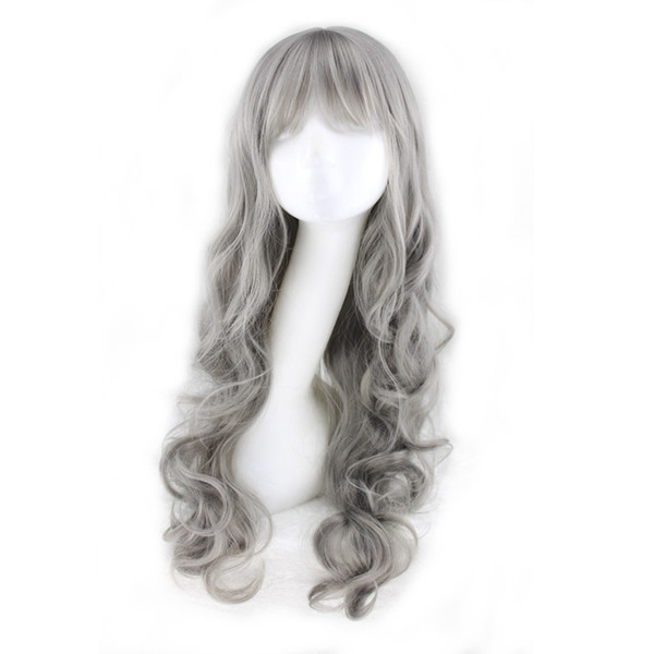 WoodFestival grey wig with neat bangs long curly synthetic wig natural wavy cheap wigs grandmother gray wigs