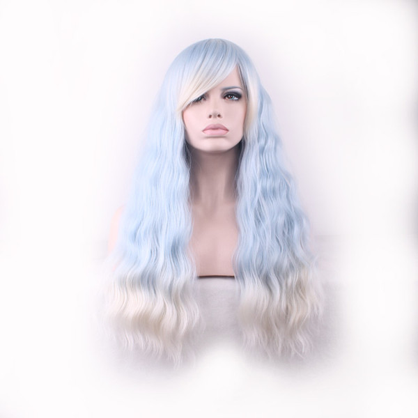 WoodFestival ombre wig with bangs women blue gradient white harajuku long corn fluffy curly hair wigs ladies kinky curly synthetic fiber wig