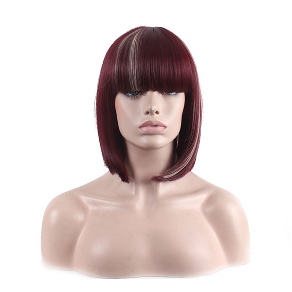 WoodFestival short straight synthetic hair wigs burgundy bob wig with bangs shoulder-length full heat resistant fiber wig women top quality