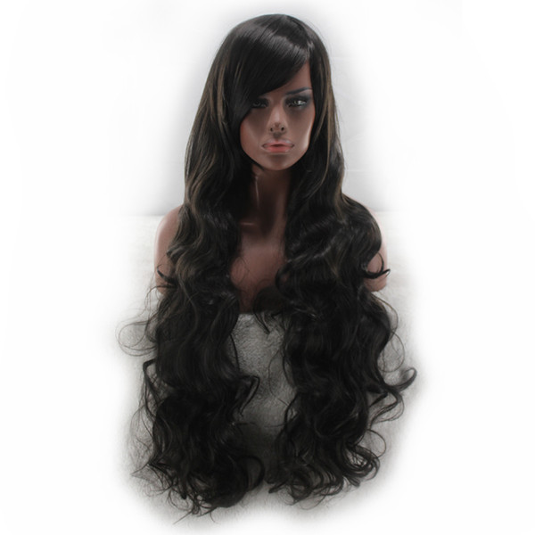 WoodFestival oblique bangs long black wig curly synthetic hair wig for women heat resistant fiber wig can be dyed hair 80cm