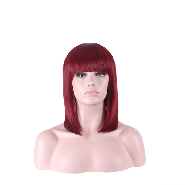 WoodFestival 36cm medium length straight synthetic hair wigs with bangs ladies short burgundy wig high temperature silk fiber hair