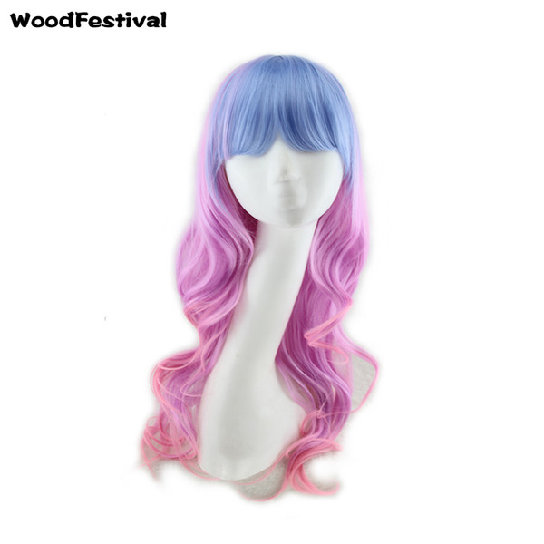 WoodFestival omber curly wavy hair wigs fiber synthetic wigs with bangs lolita long wigs for women pink burgundy blue green