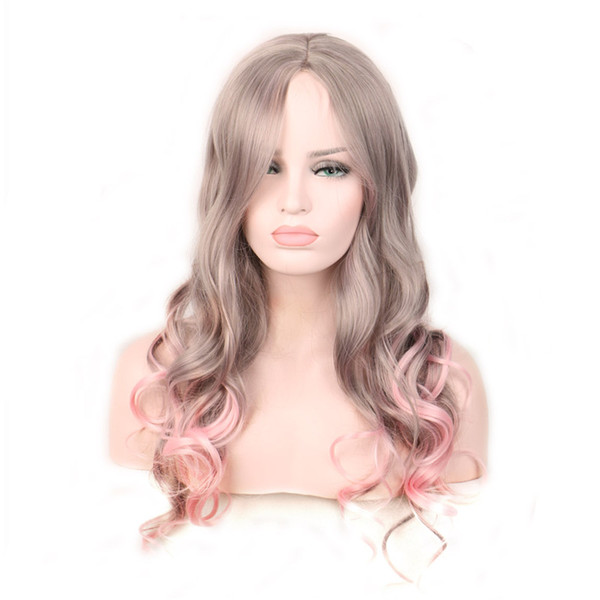 WoodFestival pink synthetic wigs grey curly ombre cosplay long hair wigs heat resistant women 65 cm