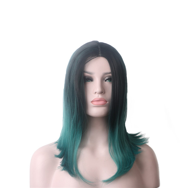 WoodFestival black Gradient green wigs should length women's striaght wig natural medium length heat resistant hair