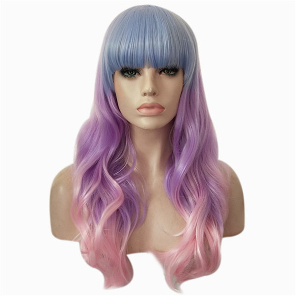 WoodFestival long synthetic hair wigs women wavy multicolor blue pink purple ombre wig with neat bangs