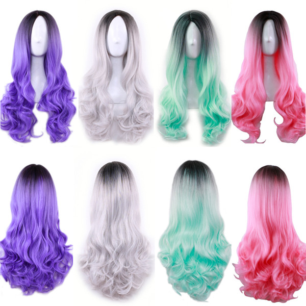 WoodFestival long wavy wig grey pink green purple ombre women hair wigs heat resistant fiber synthetic wig