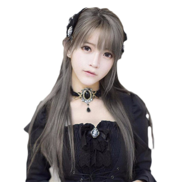 WoodFestival harajuku vogue grey wig women long gray cosplay anime wig straight heat resistant charming synthetic fiber hair wigs bangscheap