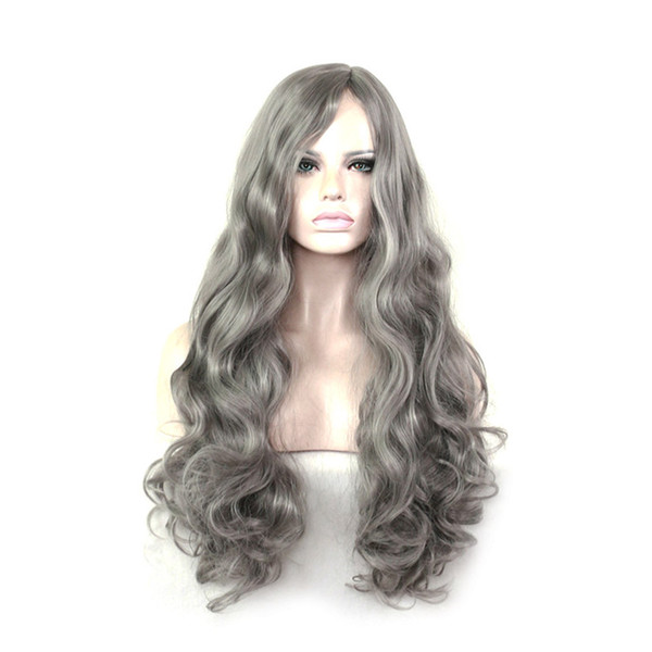 WoodFestival long wavy wig grey cosplay high temperature wig synthetic curly fiber wigs natural lolital hair wigs Average size 70cm