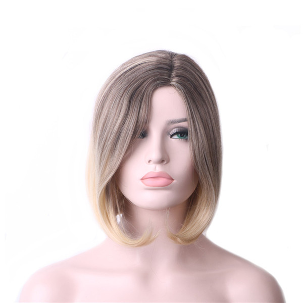 WoodFestival Women Short Straight Heat Resistant Synthetic Hair Wig Bob Blonde Party Cosplay Wigs Double Color