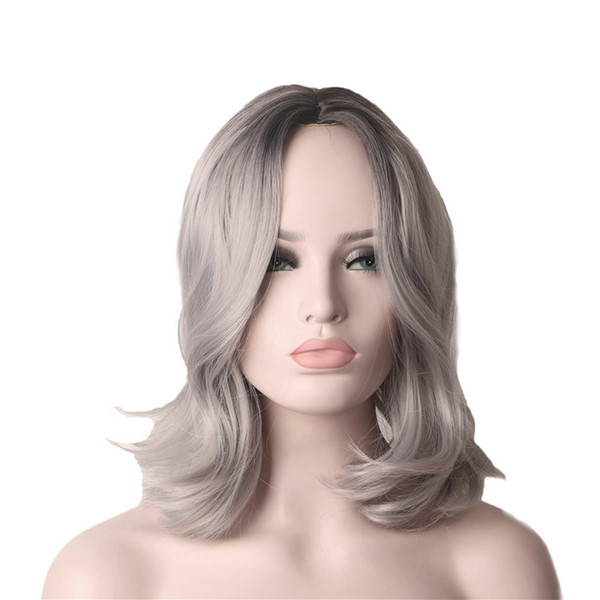 WoodFestival short wigs for women synthetic wig grey curly wavy hair black ombre natural daily wear