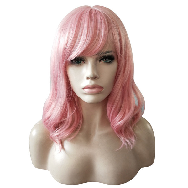 WoodFestival high temperature fiber wig short body wave pink synthetic wig for women with bangs heat resistance