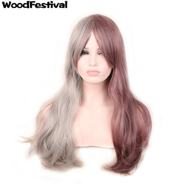 WoodFestival women wig long wavy hair wigs synthetic fiber wigs with bangs grey taro two color mixed wig ombre cosplay