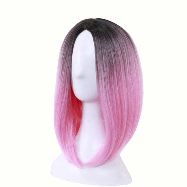 WoodFestival medium length straight hair wig heat resistant bob wigs lolita cosplay women synthetic wigs ombre black green gray pink purple