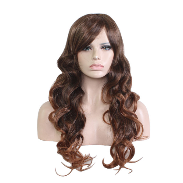 WoodFestival fashion womens daily wear wig oblique bangs brown mixed color synthetic hair wigs long curly wavy cosplay fiber wig 65cm