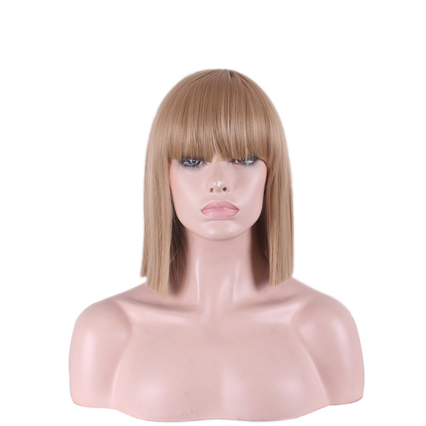 WoodFestival 35cm shoulder length hairstyle wig for women blue straight wigs with bangs synthetic fiber hair wigs rose comfort hair net