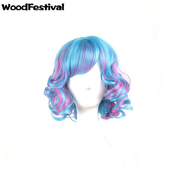 WoodFestival women curly synthetic wigs blue rose red mix color ombre wig short heat resistant fiber wigs bangs