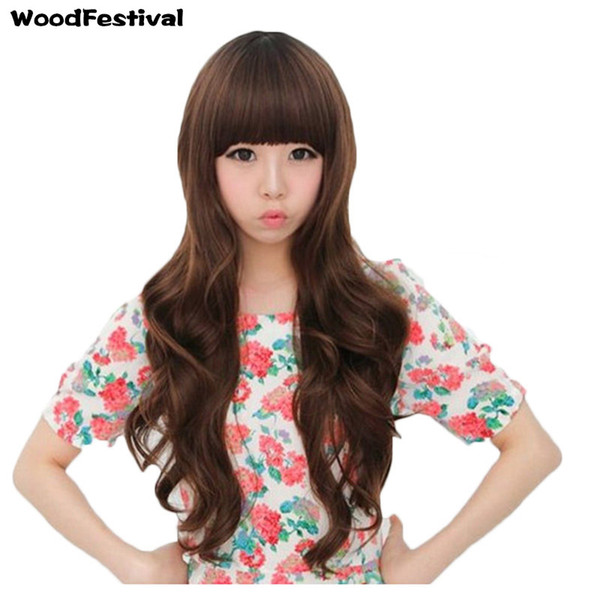 WoodFestival long wavy wig fashion girls synthetic wigs brown black neat bangs natural cheap hair wig fiber