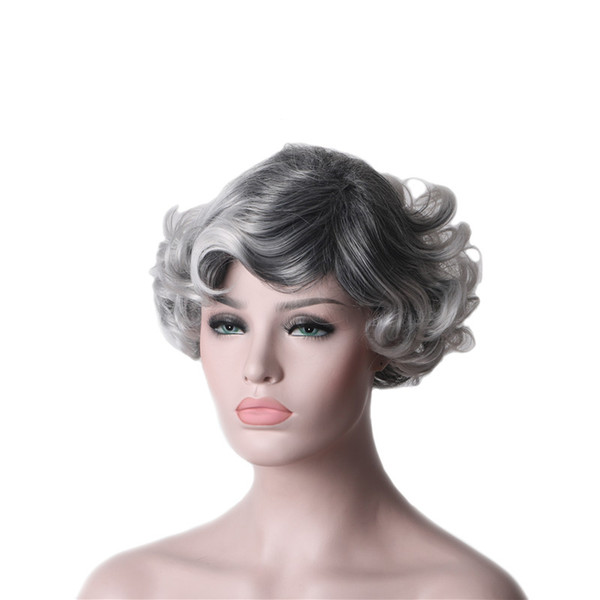 WoodFestival synthetic short curly hair puffy silver grey 2 tones wigs with bangs for women heat resistant wavy old woman wig