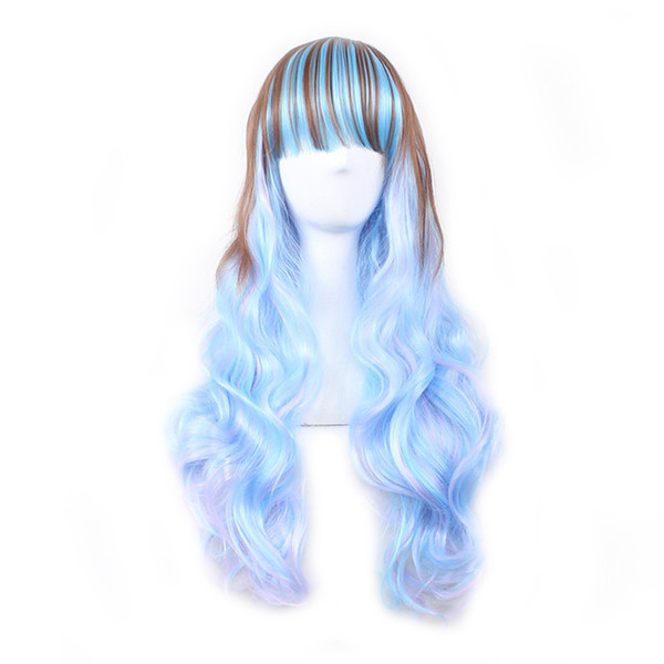 WoodFestival womens wigs heat resistant long synthetic fiber hair wigs for women ombre blue wig blonde ombre wig with bangs 65cm