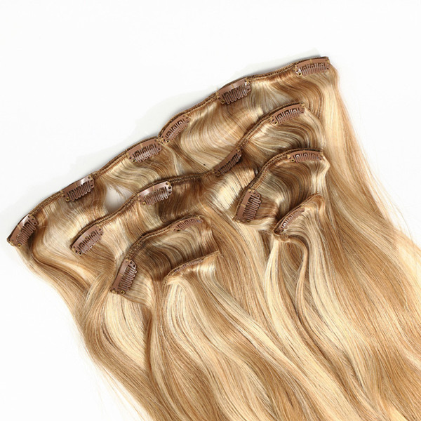 ELIBESS HAIR -Clip On Human Hair Extensions 7pcs 100g/set Piano Color 27/613 Full Head Clip In Human Hair Extension