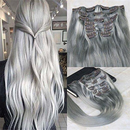 Clip in Remy Human Hair Extensions Silver Full Head Silky Straight 120g 7pcs/lot 14''-26''Clip on Hair Extension