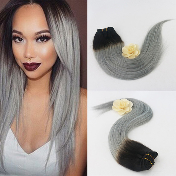 Dip and Dye Ombre Clip in Human Hair Extension Remy Full Head Dark Fading to Grey Virgin Clip in Extensions 7pcs 120gram