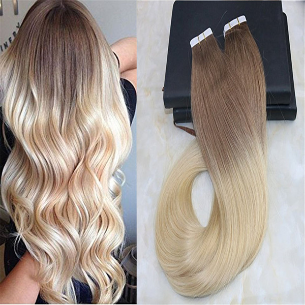 Glue in Hair Ombre Extensions Tape on Brazilian Remy Hair Fading Color Light Brown #6 to Bleach Blonde #613 Dip Dye Color Weft