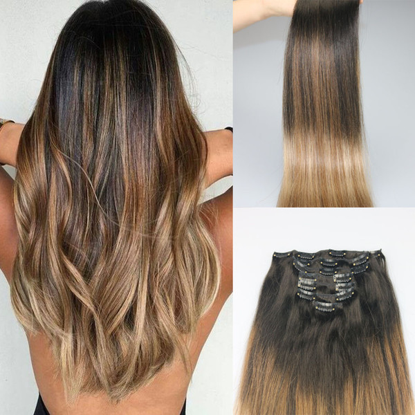 9A Grade Remy Clip in Omber Hair Extensions Balayage Dark brown fading to Ash blonde color Highlights Sew in Clip on Extensions 120g