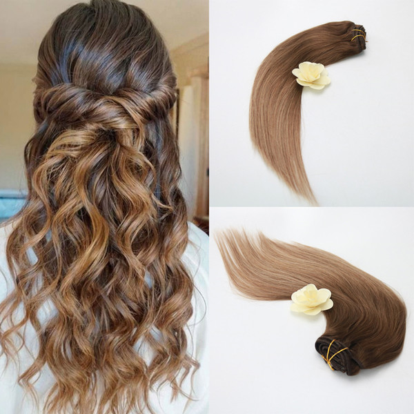 Cheap 100% Remy Human Hair Clip in Hair Extension Balayage #4 Fading to #27 and #10 Ombre Weaves