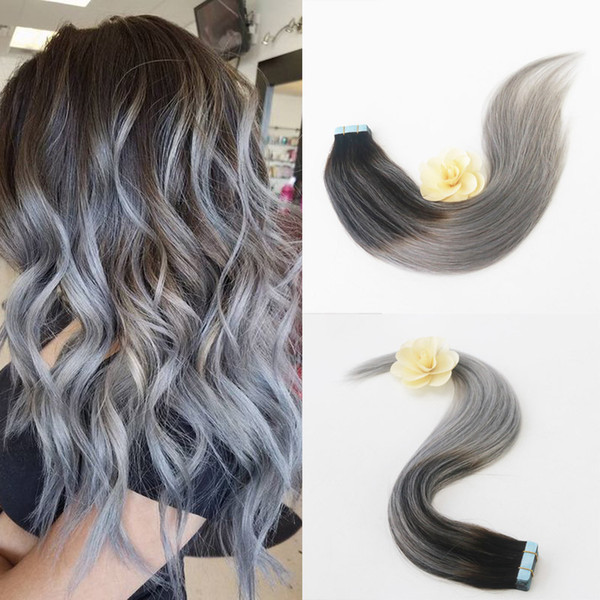 Hair Extensions Full Head Remy Hair Extensions Human Hair Pu Tape in Extensions Ombre Color #2 Fading to #grey