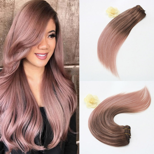 14-24inch 7Pcs 100g Full Set Clip in Hair Extensions Ombre Balayage Human Hair Color 3# Fading to Rose Gold#