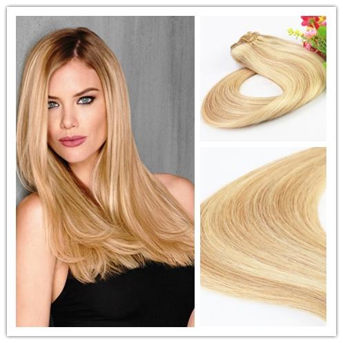 Wholesale Price Double Drawn Ombre Remy Human Hair Brazilian hair 8A Clip In Hair Extension With Piano Color P14/613